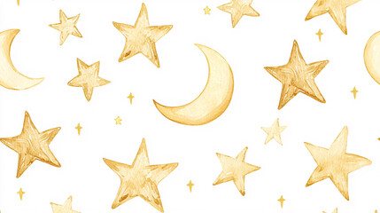 A whimsical pattern featuring golden stars and crescent moons on a white background, creating a dreamy celestial theme.