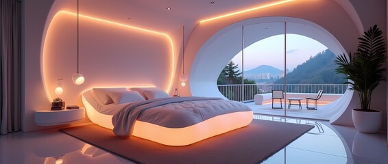 Luxurious futuristic bedroom interior with inflatable bed overlooking city park
