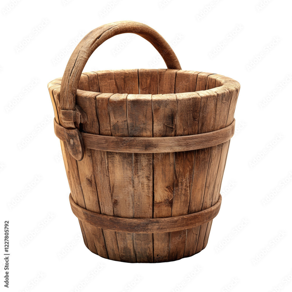 Poster a weathered wooden bucket with a curved handle is presented against a black background. the bucket s