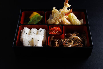 tempura bento set japanese food isolate in black background