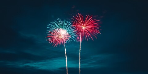 Spectacular Red and Teal Fireworks Display at Night Festive Celebration