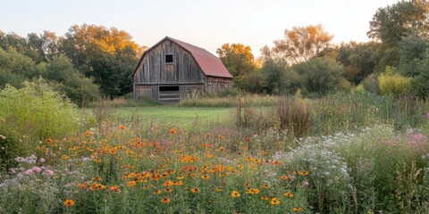 Sunrise over a rustic barn surrounded by wildflowers in a peaceful countryside landscape capturing nature's beauty and tranquility