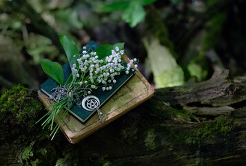 bouquet of Lily of the valley flowers and pentacle amulet with books in forest, natural background....