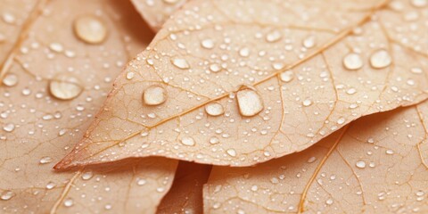Raindrops on delicate beige leaves nature close-up calm natural setting macro view leaf texture and water reflection