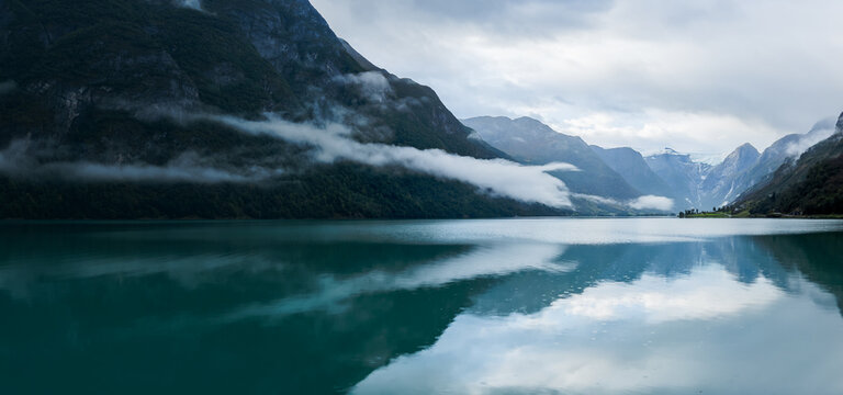 Autumn landscape in Briksdalbreen glacier valley in South Norway, Europe.
