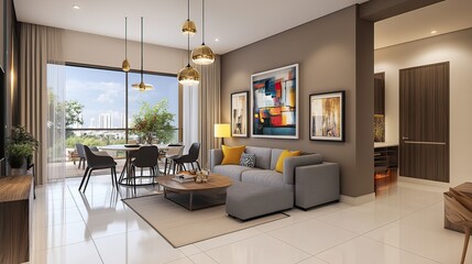 Fototapeta premium Modern apartment living room, city view, open plan, sunny