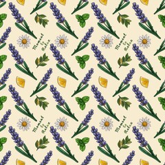 Seamless Pattern Moment to Relax Lavender and Lemon Slice with Chamomile and Tea Leaves Big Design on Pastel Yellow Background