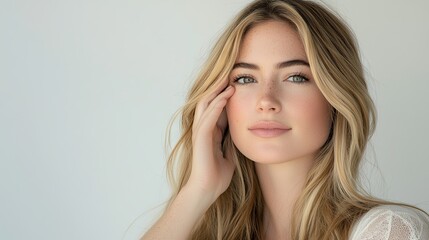 Obraz premium A close-up portrait of a beautiful young woman with blonde long hair gently touching her face, and a serene expression, showcasing natural beauty and elegance and tranquility, professional studio port