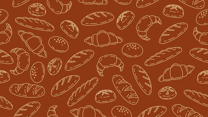 Bakery background. Hand drawn bread seamless pattern motif wallpaper. Bake shop backdrop, packaging, food wrapper