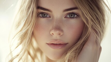 Fototapeta premium A close-up portrait of a beautiful young woman with blonde long hair gently touching her face, and a serene expression, showcasing natural beauty and elegance and tranquility, professional studio port