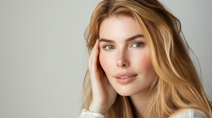 Naklejka premium A close-up portrait of a beautiful young woman with blonde long hair gently touching her face, and a serene expression, showcasing natural beauty and elegance and tranquility, professional studio port