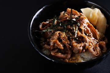 Stir Fried Pork with Teriyaki Sauce japanese food isolate in black background