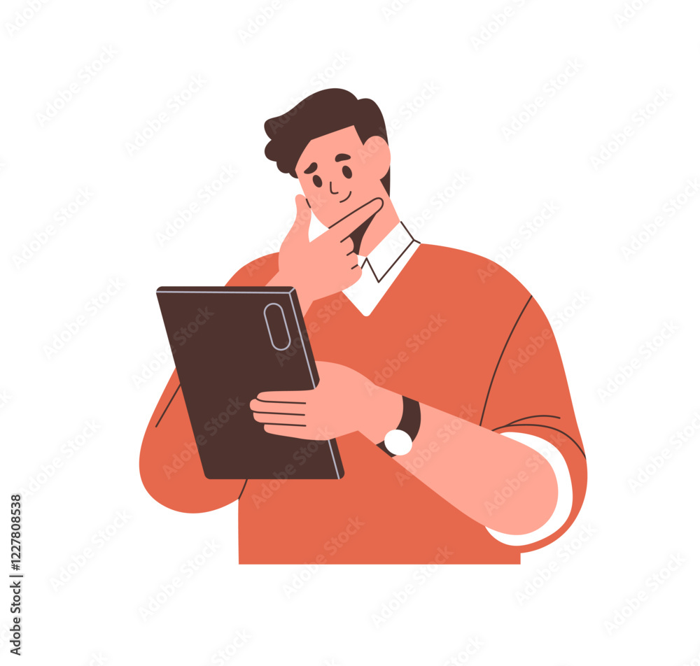 Poster man holding digital tablet computer. thoughtful business person looking at pad device, reading, smil