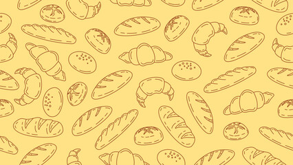 Bakery and pastry background. Hand drawn bread seamless pattern motif wallpaper. Bake shop backdrop, packaging, food wrapper