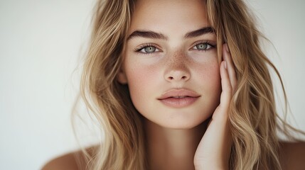 Fototapeta premium A close-up portrait of a beautiful young woman with blonde long hair gently touching her face, and a serene expression, showcasing natural beauty and elegance and tranquility, professional studio port