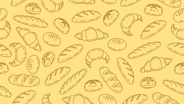 Bakery and pastry background. Hand drawn bread seamless pattern motif wallpaper. Bake shop backdrop, packaging, food wrapper