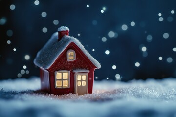 Fototapeta premium Little decorative Christmas house, beautiful festive still life, cute small red ceramic house at snowy night, christmas decoration