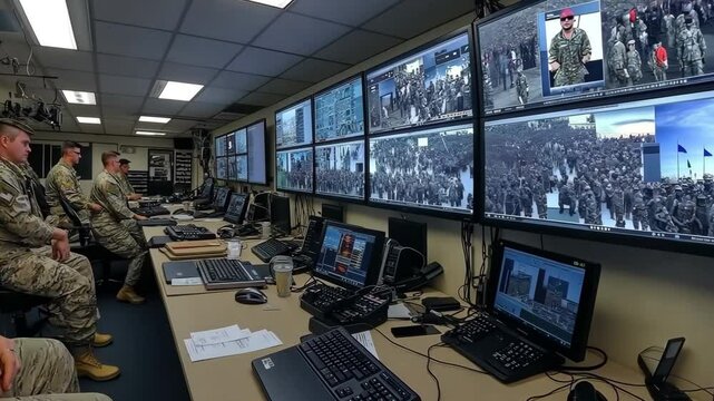 In a high-tech command post, military personnel work on obtaining intelligence, incorporating real-time surveillance, and upholding security procedures.