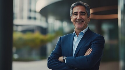 Fototapeta premium Confident businessman smiling with arms crossed outdoors