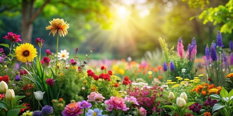 Fototapeta premium Vibrant floral landscape with diverse colorful flowers and lush green plants