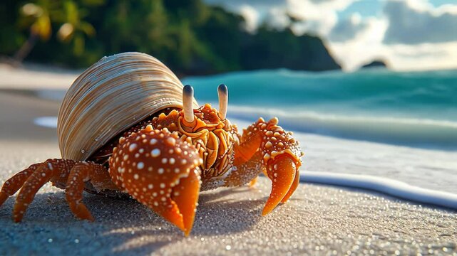 Colorful hermit crab crawling on a sandy beach with ocean waves