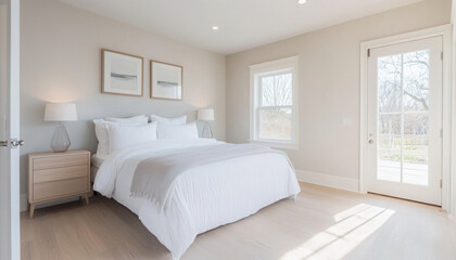 Minimalist bedroom with light gray walls and white bedding, creating serene atmosphere