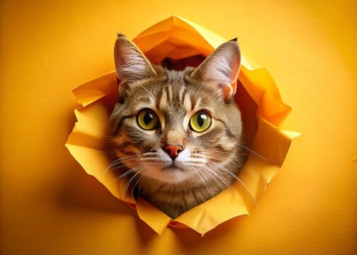 Cute Cat Silhouette Peeking Through Torn Paper - Banner for Pet Food or Vet Clinic