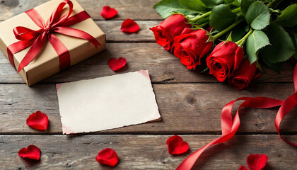Romantic Gift with Roses and Heart-Shaped Petals on Wooden Table. A heartwarming image showcasing a gift box with red ribbon, a bouquet of red roses, scattered rose petals, and a blank piece of paper 