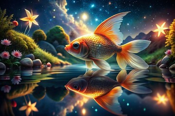 Fototapeta premium Cute Comet Fish Swimming in a Magical Night Pond - Freshwater Aquarium Stock Photo