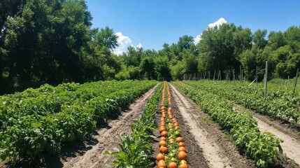 Obraz premium Rows of ripe tomatoes growing in a sunny garden