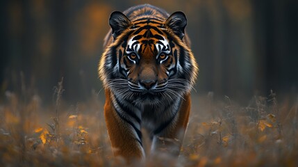 Majestic Tiger Strolling Through Autumnal Forest