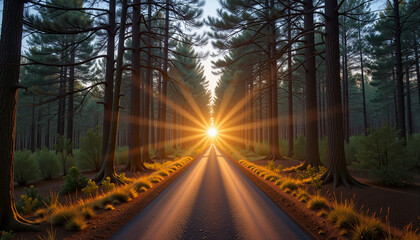 Obraz premium Sunlight shining through trees on forest road