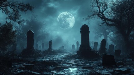 Mystical Moonlit Cemetery at Night. Generative AI