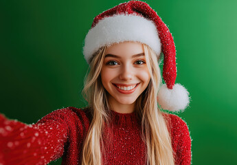 Happy, blonde girl in a Santa hat and red sweater taking a selfie, isolated on a green background.