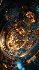 Fototapeta premium shiny golden clockwork gears in intricate arrangement capturing mechanical precision under warm light concept of technology engineering finance