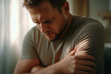 Obraz premium Man holding his shoulder in pain indoors.