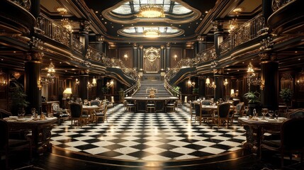 Grand Hotel Lobby, opulent staircase, checkered floor, nighttime
