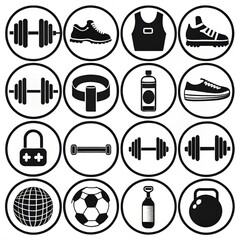 Black and White Fitness & Sports Icon Set: Dumbbells, Running Shoes, Yoga Mats, and Essential Sports Gear