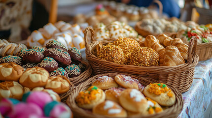 Assorted freshly baked pastries in wicker baskets