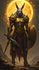 The warrior is an anthropomorphic figure standing in the foreground, radiating strength and intimidation