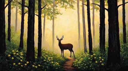 Majestic deer standing on forest path surrounded by vibrant greenery and blooming yellow flowers in serene morning light