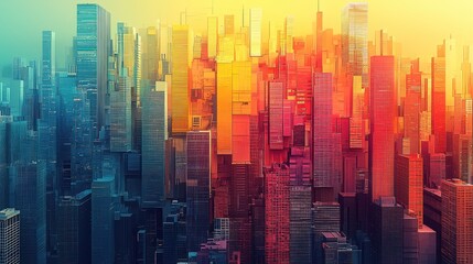 A vibrant cityscape of colorful skyscrapers at sunset