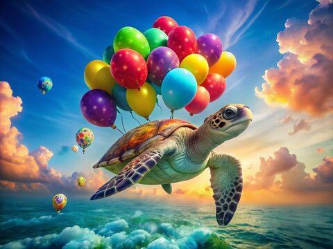 Cute Sea Turtle Soaring with Balloons: Whimsical Surrealist Sky Scene