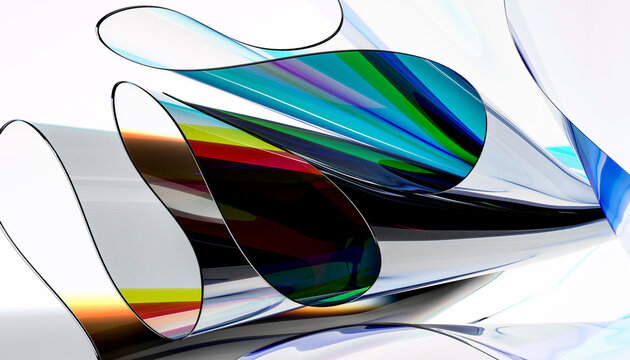 Dynamic and colorful abstract glass shapes on a white background