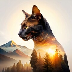 Minimalist Conceptual Artwork of a Black and Brown Cat Silhouette Merging with a Serene Landscape: A Fusion of Nature and Art