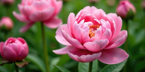 Fototapeta premium Soft pink petals unfolding in a colorful peony garden, nature, garden bloom