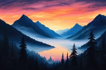 Obraz premium Majestic Mountains With Colorful Sunset Reflected In Tranquil Lake Surrounded By Tall Pines