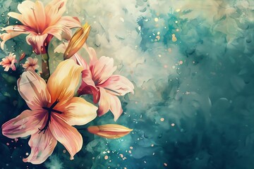 Fototapeta premium Watercolor vector background with hibiscus flowers and leaves.