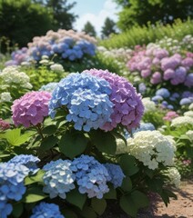 Garden hydrangeas and wildflowers in full bloom,  greenery,  blossoms,  garden flowers