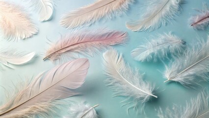 Soft pastel feathers scattered on a delicate gradient background, pastel colours, feather pattern